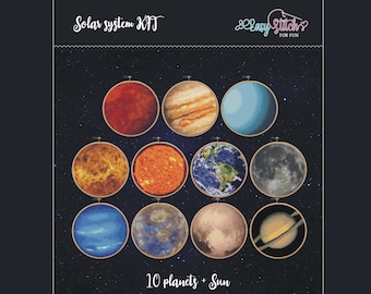 Solar System Cross Stitch Kit, Planets Set, 11 Cross Stitch Charts, Earth, Moon, Sun, DMC Threads