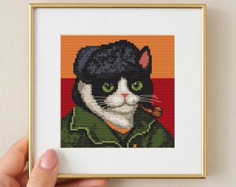 Van Gogh Cat Mini Cross Stitch Pattern PDF - Cat Art Parody | Famous Painting Portrait