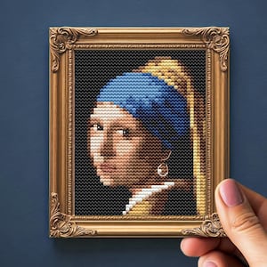 Flicka med pärlörhänge korsstygnsmönster PDF, Johannes Vermeer mini korsstygn