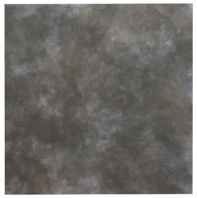May include: A square piece of fabric featuring a mottled, cloud-like pattern in shades of dark gray, charcoal, and muted white. The material has a visible, uniform woven grid texture throughout, creating a consistent surface appearance.