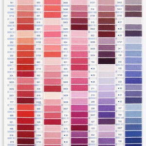 Op de afbeelding: DMC borduurgaren kleurkaart met rijen van verschillende tinten roze, rood, paars en blauw garen. De kaart is gelabeld met DMC borduurgaren nummers.