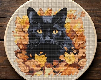 Autumn Black Cat Cross Stitch Pattern, Seasonal Feline Embroidery, Instant Download PDF