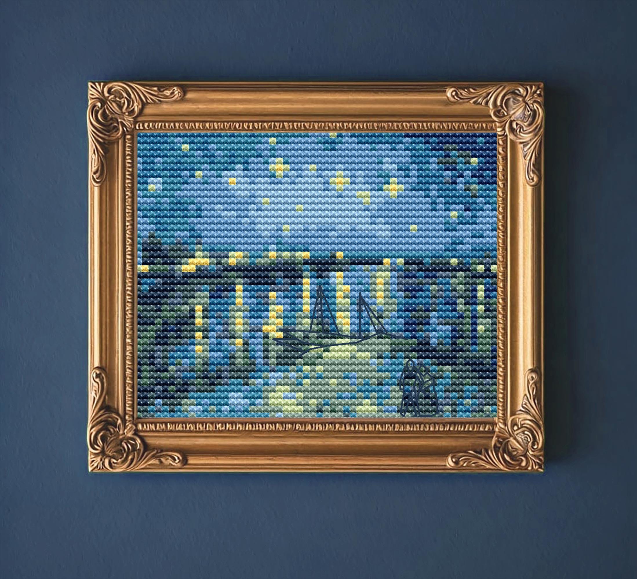 ローヌ川の星月夜クロスステッチパターン、ゴッホミニアート刺繍、PDF