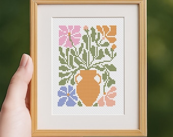 Schema punto croce con fiori retrò, mini punto croce moderno, download immediato in PDF