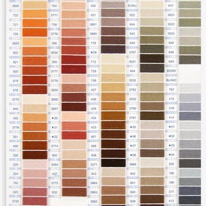 Op de afbeelding: DMC borduurgaren kleurkaart met genummerde garenklossen in verschillende tinten rood, oranje, bruin, beige, grijs en groen. De kaart is gelabeld met de nummers 16 tot en met 20.