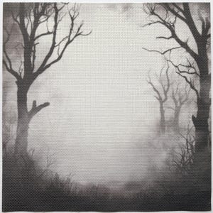 Pode incluir: Imagem a preto e branco de uma cena de floresta enevoada. Silhuetas de &aacute;rvores com galhos nus emolduram um caminho nebuloso. A cena evoca uma sensa&ccedil;&atilde;o de mist&eacute;rio e do desconhecido.