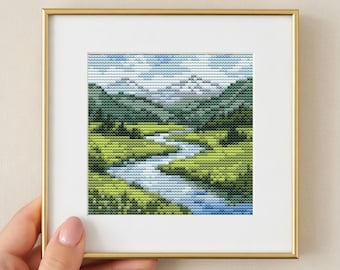 Mountain River Mini Cross Stitch Pattern PDF - Landscape Nature Scene