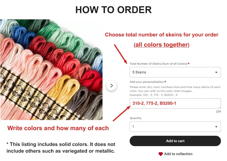 Op de afbeelding: Een close-up van een verscheidenheid aan borduurgarenklossen in verschillende kleuren. De afbeelding toont een formulier met instructies over hoe je borduurgaren kunt bestellen. Het formulier bevat een veld voor het totale aantal klossen, een veld voor personalisatie en een veld voor de hoeveelheid. De tekst op het formulier luidt: "Kies het totale aantal klossen voor uw bestelling (alle kleuren samen)", "Totaal aantal klossen (Som van alle kleuren)*", "5 klossen", "Voeg uw personalisatie toe", "Voer ALLE kleurnummers hier in en hoeveel klossen van elke kleur. U kunt verwijzen naar de kleurkaart afbeeldingen. Voorbeeld: 310-2, 775-3, B5200-5", "310-2, 775-2, B5200-1", "Aantal", "1", "Toevoegen aan winkelwagen", "Toevoegen aan collectie", "229".