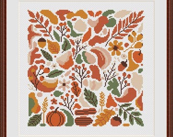 Autumn Harvest Cross Stitch Pattern, Fall Leaves Pumpkins Acorns (PDF)
