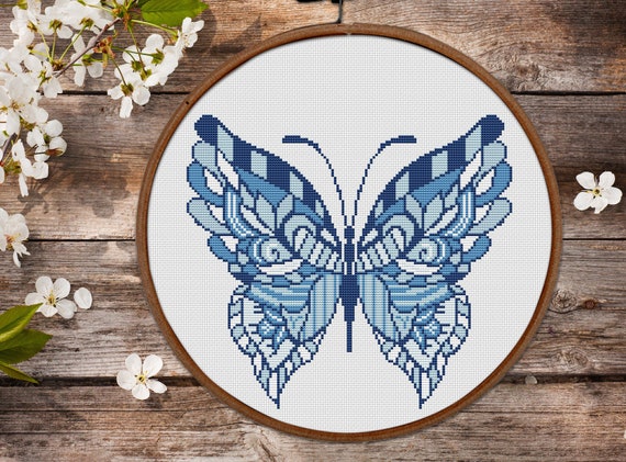 Mandala Butterfly Cross Stitch Pattern Blue Modern Easy Etsy