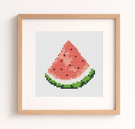 スイカのミニクロスステッチパターン、フルーツ刺繍、PDFの即時