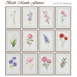 Puede incluir: Un conjunto de doce obras de arte en punto de cruz enmarcadas, cada una representando una flor de nacimiento diferente. Las obras miden 13 cm x 20 cm y presentan flores como campanillas de invierno, violetas, flores de cerezo y acebo.