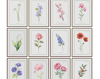Schemi per punto croce con fiori del mese di nascita - Set di 12, ricamo floreale in formato PDF da scaricare