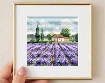 Mini schema per punto croce "Campo di lavanda" in PDF - Paesaggio naturale