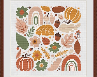 Modern Autumn Cross Stitch Pattern, Rustic Fall Sampler, Instant Download PDF