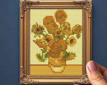 Patrón de punto de cruz en miniatura de girasoles, cuadro de Van Gogh, descarga instantánea en PDF.