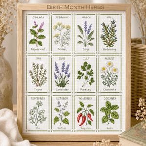 Schemi per punto croce con erbe aromatiche del mese di nascita - Set di 12, ricamo botanico in formato PDF da scaricare