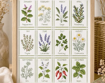 Birth Month Herbs Cross Stitch Patterns - Set of 12, Botanical Embroidery PDF Download