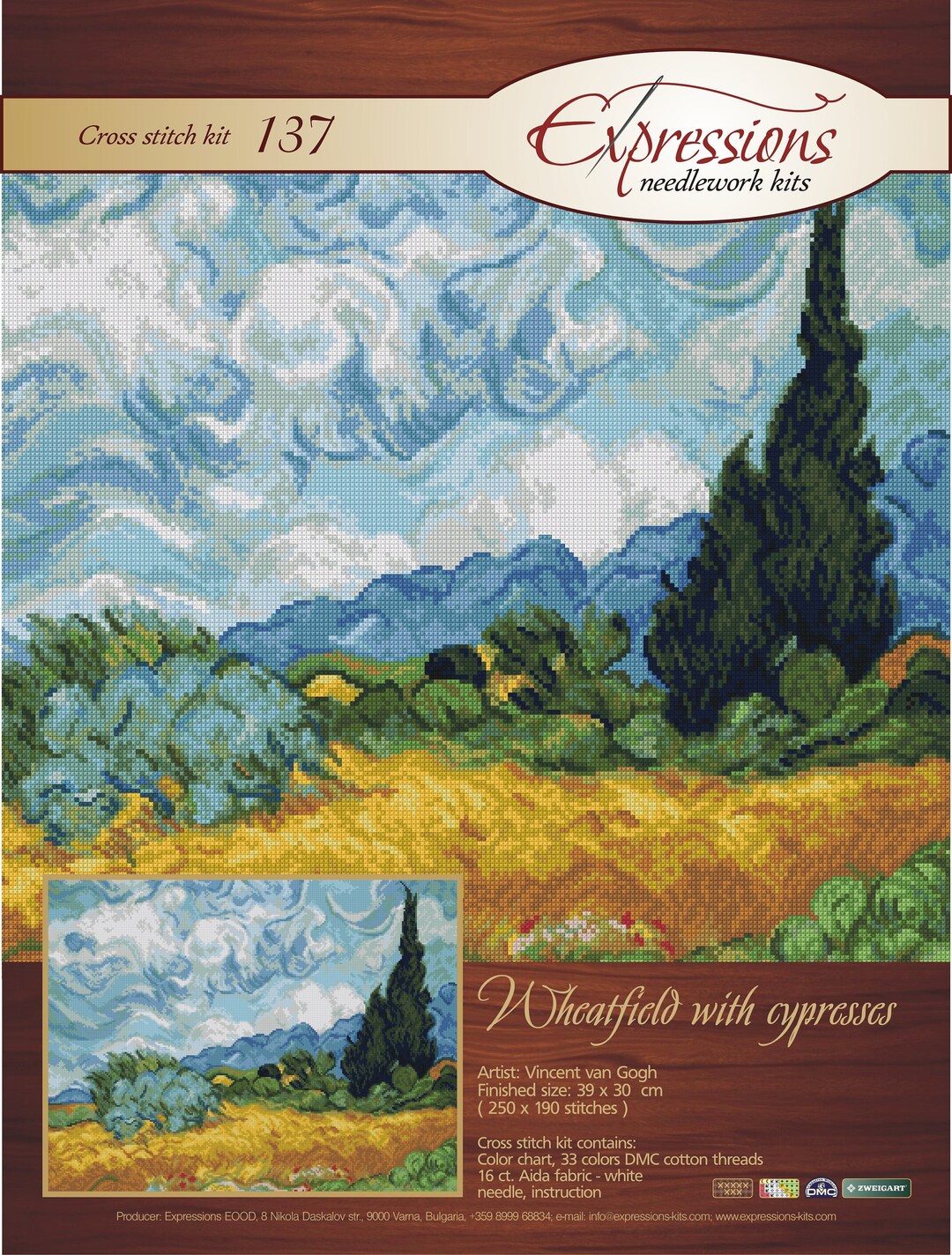Wheatfield with cypresses - Vincent van Gogh Cross stitch kit, DMC treads, Famous flower painting ,DMC threads, Counted Cross Stitch Kit