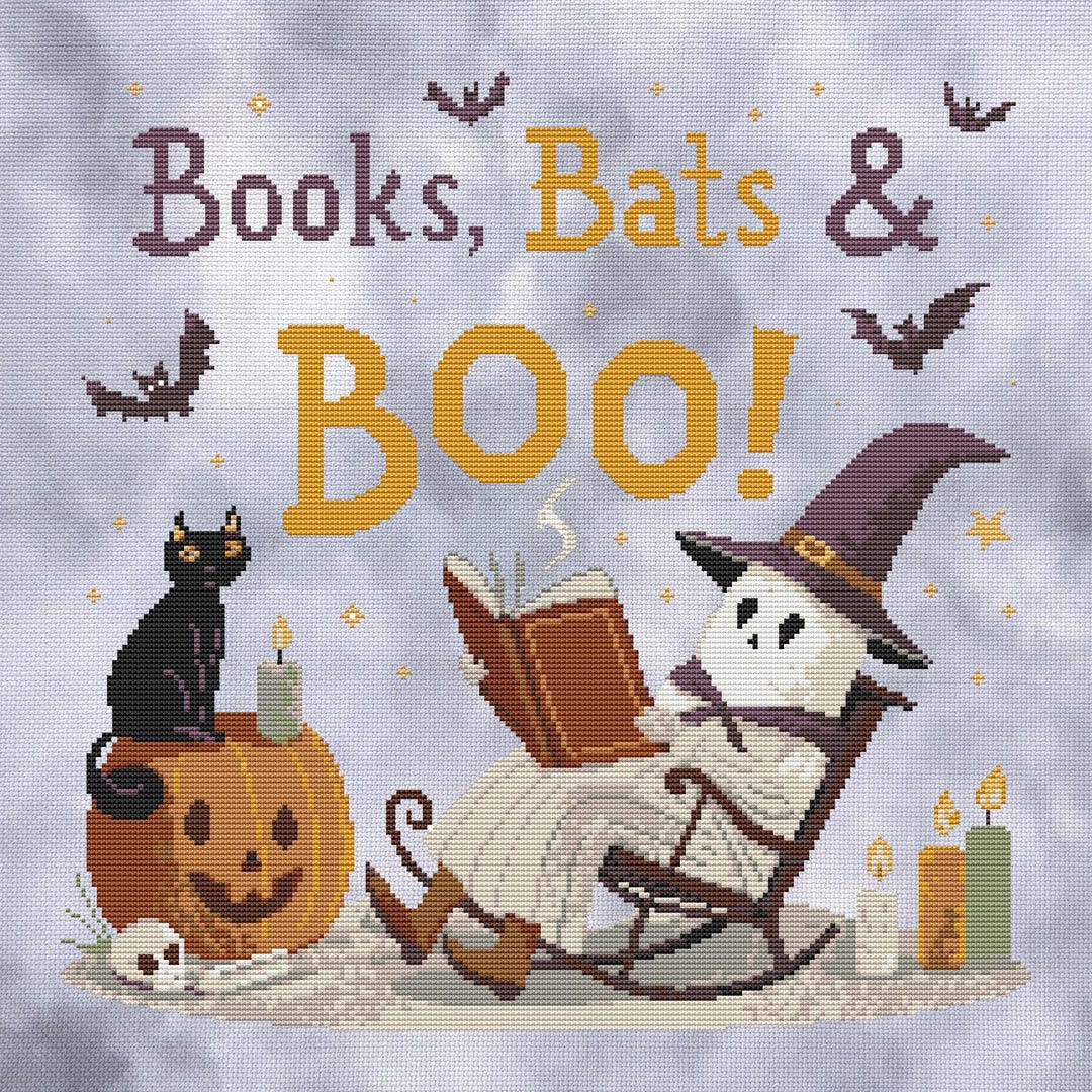 Books, Bats & Boo Halloween Cross Stitch Pattern, Spooky Ghost PDF - Etsy