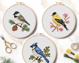 Set di 3 mini schemi per punto croce a tema uccelli: cinciallegra, ghiandaia azzurra e cardellino.