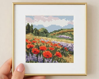 Poppy Field Mini Cross Stitch Pattern PDF - Floral Landscape