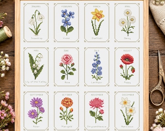 Mini Birth Month Flower Cross Stitch Patterns - Set of 12, Beginner Floral Embroidery PDF Download