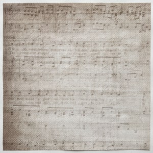 Puede incluir: Una hoja de música vintage con tinta descolorida y un fondo texturizado. La música está escrita en un estilo tradicional con notas y claves.