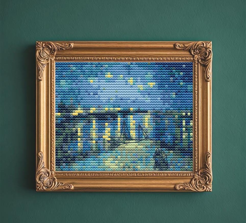 ローヌ川の星月夜クロスステッチパターン、ゴッホのミニアート刺繍
