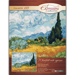 May include: A cross stitch kit titled Wheatfield with cypresses, number 137, featuring a printed reproduction of a Vincent van Gogh painting. The kit includes a color chart, 33 colors of DMC cotton threads, 16 ct. white Aida fabric, and a needle.