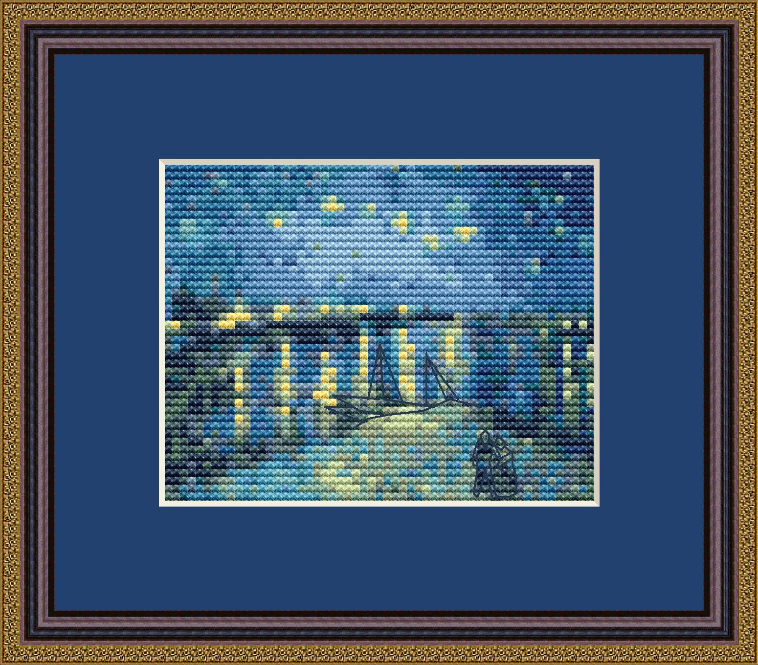 【完成品】〈ローヌ川の星月夜〉クロスステッチ ローヌ川の星月夜クロスステッチパターン、ゴッホのミニアート