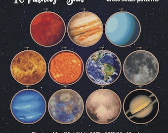 Solar System Cross Stitch Patterns, 11 Planets Galaxy Universe Embroidery (PDF Download)
