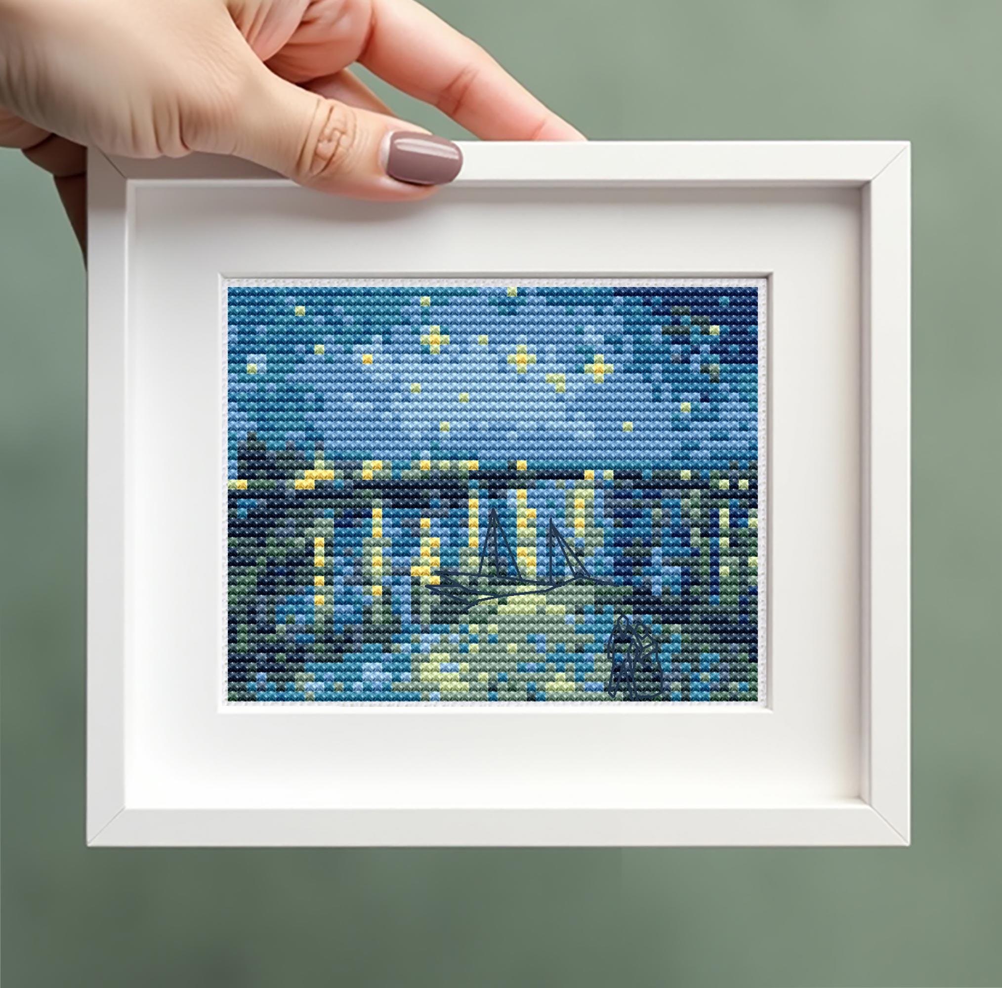 ローヌ川の星月夜クロスステッチパターン、ゴッホミニアート刺繍、PDF