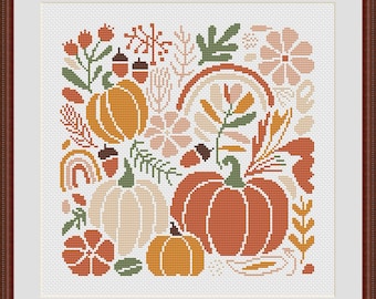 Goldener Herbst Kreuzstich Muster, Kürbis Herbst Stickerei, Sofort Download PDF