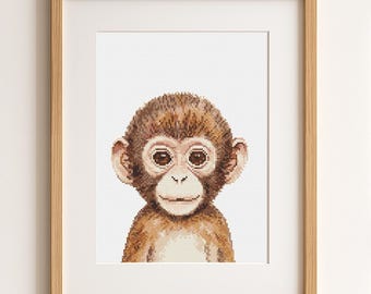 Baby Monkey Cross Stitch Pattern, Beginner Embroidery (PDF Download