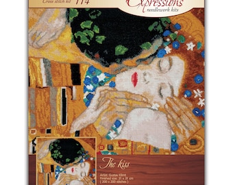 Kit per punto croce "Il Bacio" di Gustav Klimt – Fili DMC, kit per ricamo, tela Aida Zweigart