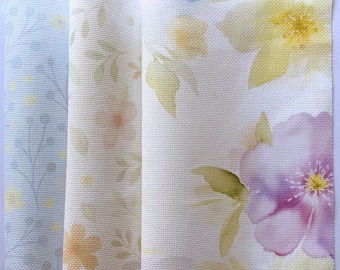 Tessuto per punto croce con fiori primaverili, tela Aida stampata con motivi floreali primaverili, 14 / 16 / 18 / 20 punti