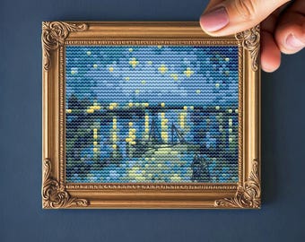 ローヌ川の星月夜クロスステッチパターン、ゴッホミニアート刺繍、PDF