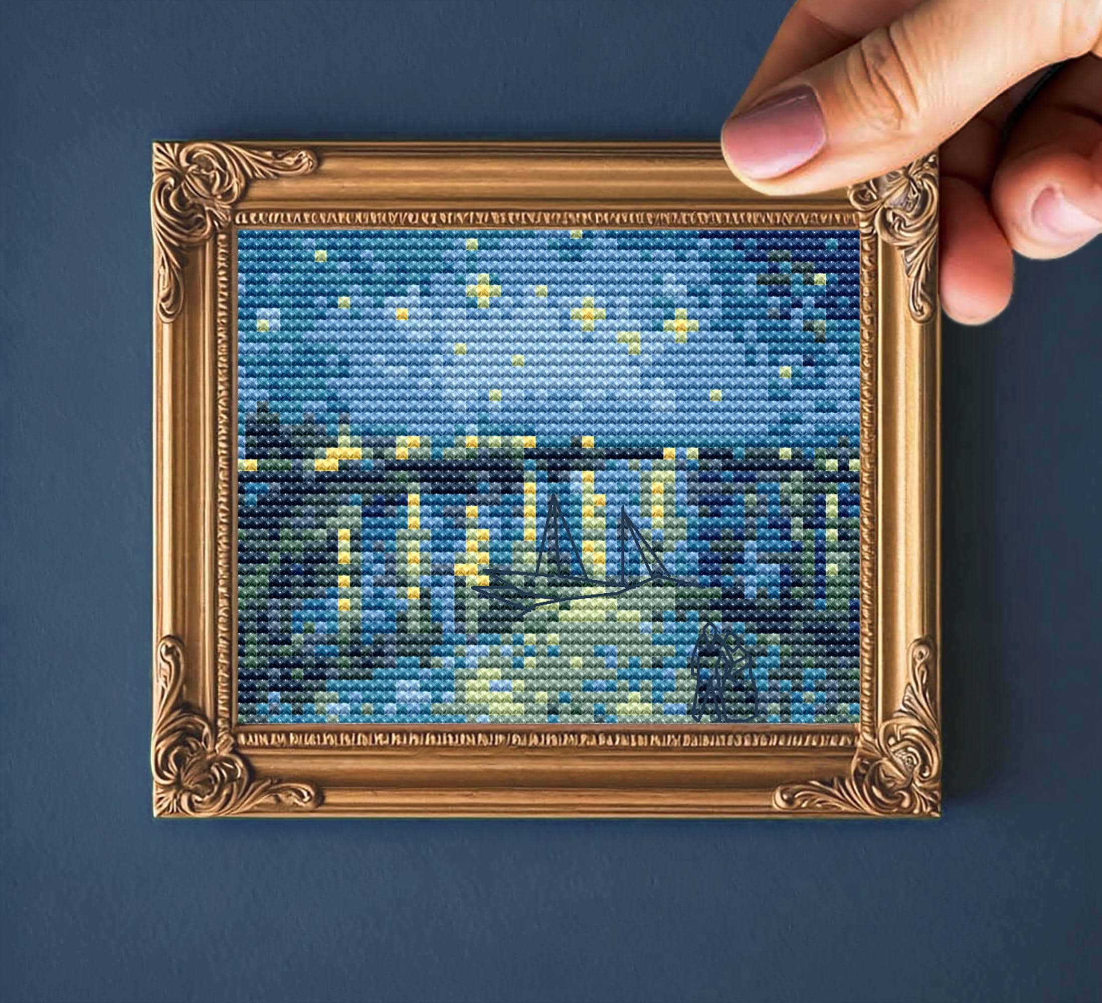 ローヌ川の星月夜クロスステッチパターン、ゴッホミニアート刺繍、PDF