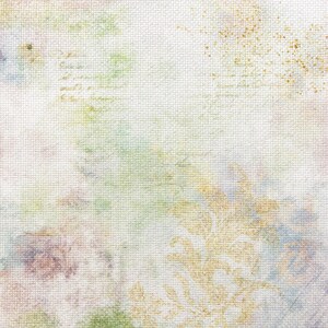 May include: A white canvas background with a subtle texture. The canvas has a faded, watercolor-like design in shades of green, yellow, and purple. The design is abstract and resembles flowers or leaves.