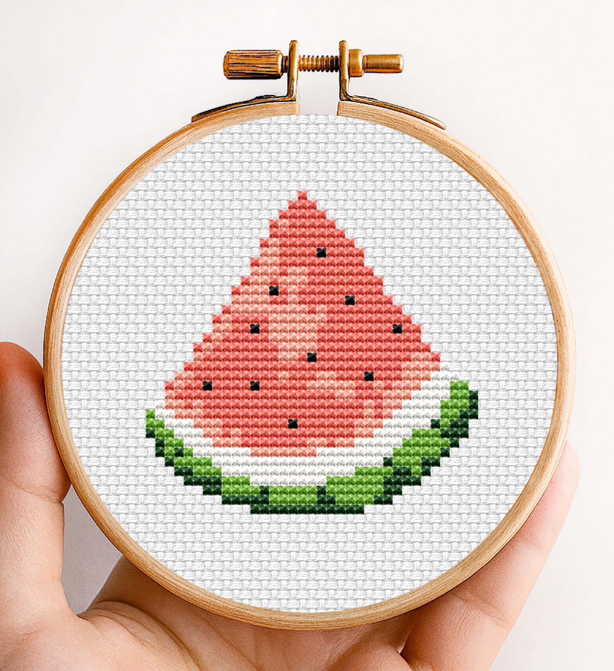 スイカのミニクロスステッチパターン、フルーツ刺繍、PDFの即時