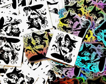 Pegatina de bruja de Halloween preparando pociones para gatos