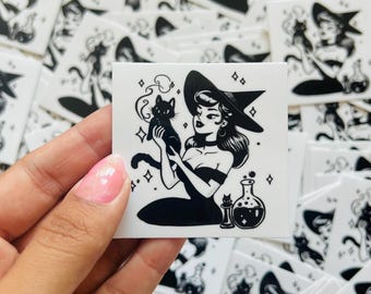 Pegatina de bruja de Halloween preparando pociones para gatos