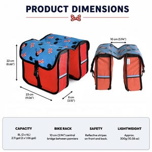 May include: A blue and red double bike pannier bag featuring a Minnie Mouse bow and ear pattern. The bag has a 10 cm central bridge, reflective stripes, and measures 22 cm by 23 cm by 8 cm. It has an 8L capacity and weighs 300g.