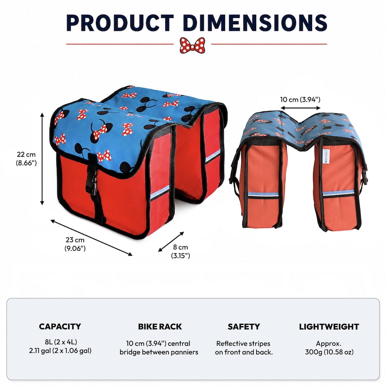 May include: A blue and red double bike pannier bag featuring a Minnie Mouse bow and ear pattern. The bag has a 10 cm central bridge, reflective stripes, and measures 22 cm by 23 cm by 8 cm. It has an 8L capacity and weighs 300g.