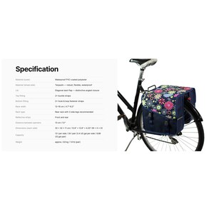 K&ouml;nnte beinhalten: Eine marineblaue Fahrradtasche mit buntem Blumenmuster auf der Klappe, ausgestattet mit Schnallenriemen und Klettverschl&uuml;ssen. Die Spezifikationsliste gibt Ma&szlig;e von 32 x 32 x 11 cm und ein Fassungsverm&ouml;gen von 13 Litern pro Seite an.
