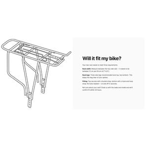 K&ouml;nnte beinhalten: Ein silberner Fahrradgep&auml;cktr&auml;ger aus Metall mit einer Federklappe oben und verstellbaren Befestigungsstreben. Der Text rechts lautet: Will it fit my bike? Your rear rack needs to meet three requirements: Rack width: 12 cm to 16 cm (4.7"-6.3").
