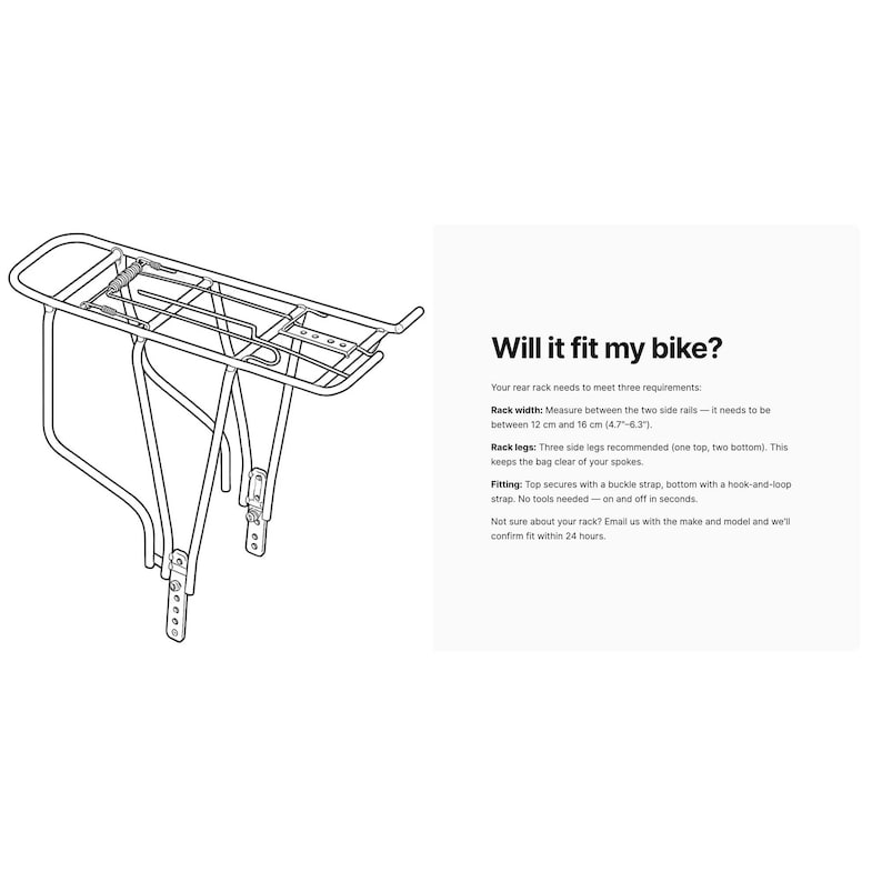 K&ouml;nnte beinhalten: Ein silberner Fahrradgep&auml;cktr&auml;ger aus Metall mit einer Federklappe oben und verstellbaren Befestigungsstreben. Der Text rechts lautet: Will it fit my bike? Your rear rack needs to meet three requirements: Rack width: 12 cm to 16 cm (4.7"-6.3").