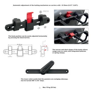 May include: Black and red bicycle pannier rack attachment system. The system includes a black adjustable bar with red locking mechanisms and diagrams showing adjustment and usage. The text indicates the system can handle up to 10 kg.