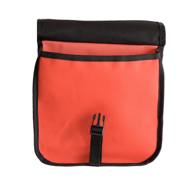 May include: A rectangular pouch featuring a vibrant orange main compartment with black trim and a black top flap. The front includes a black adjustable strap with a plastic side-release buckle closure, providing a secure way to keep items contained.